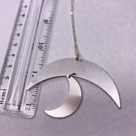 Signed Jade & Jasper Necklace Silver Tone Crescent Moon Dangle Pendant 32" Long - Picture 8 of 11